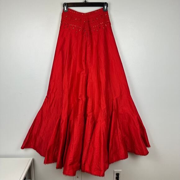 Free People Womens Party Taffeta Embellished Sequin Waistband Red Maxi Skirt 0 - Picture 2 of 11